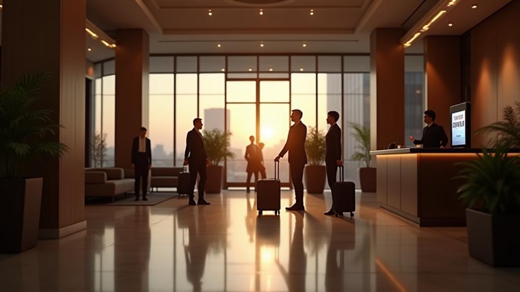 Modern hotel lobby with digital check-in Kiosk and professional staff.
