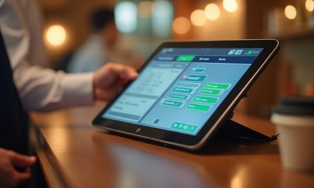 Tableta con aplicación de punto de venta en un restaurante de hotel.