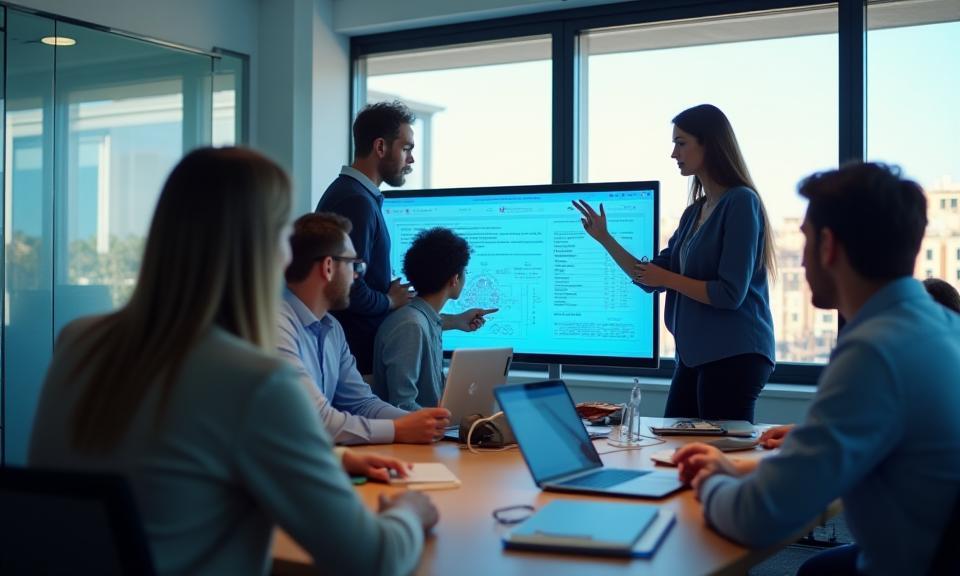 Diverse team collaborating on a software project in a modern office environment.